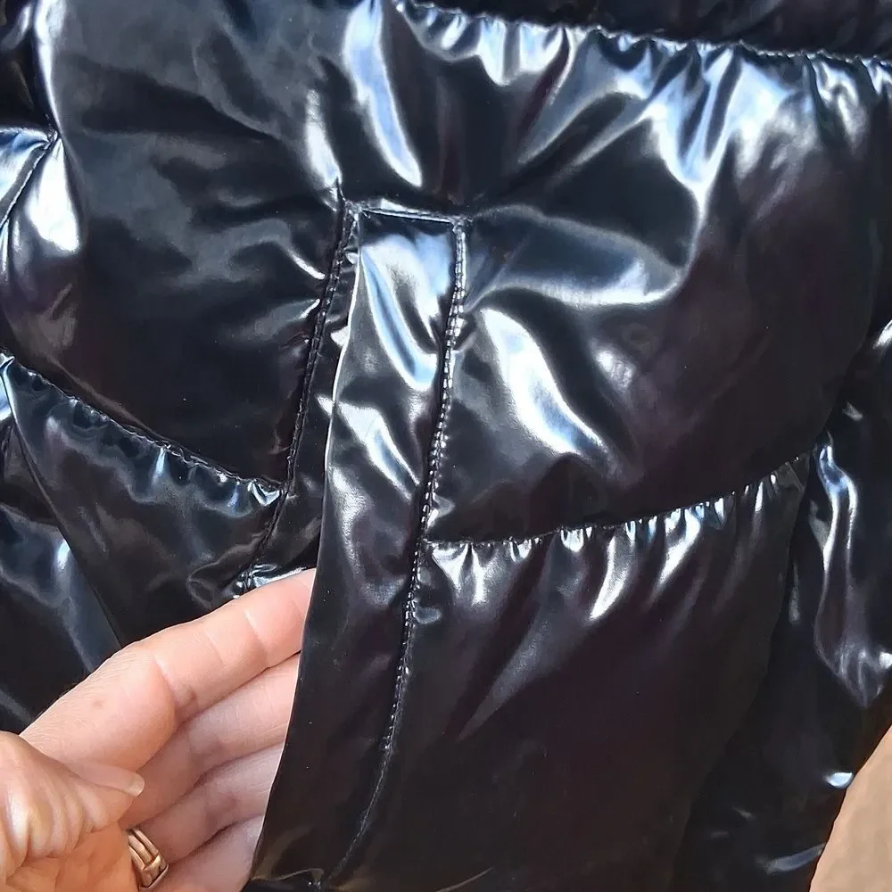 Justice Shiny Black Puffer Jacket with High Collar Sz M-10 Preowned